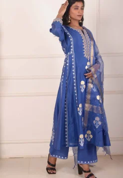 Foil Printed Chanderi Silk Aline Suit in Navy Blue