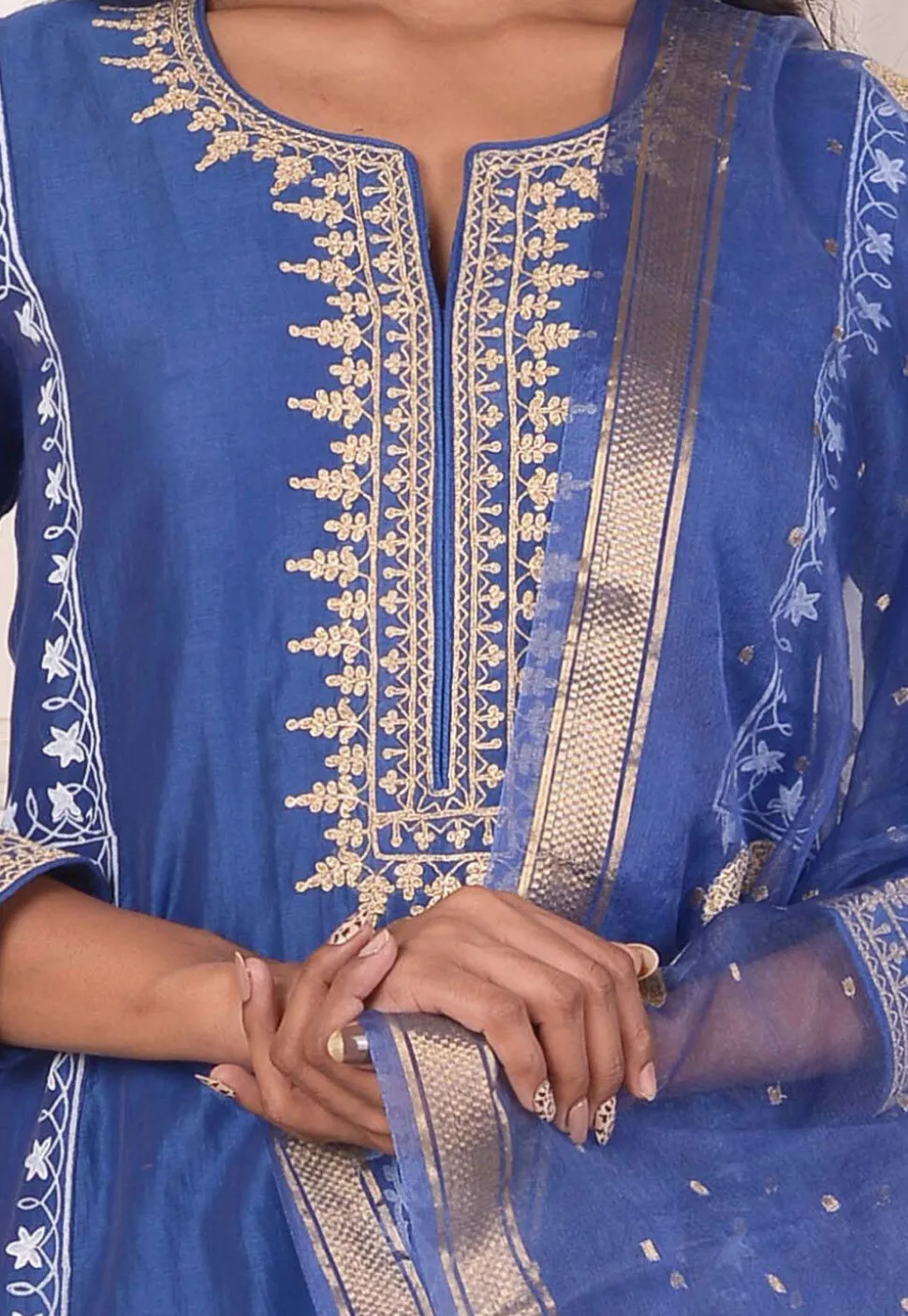Foil Printed Chanderi Silk Aline Suit in Navy Blue