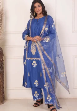 Foil Printed Chanderi Silk Aline Suit in Navy Blue