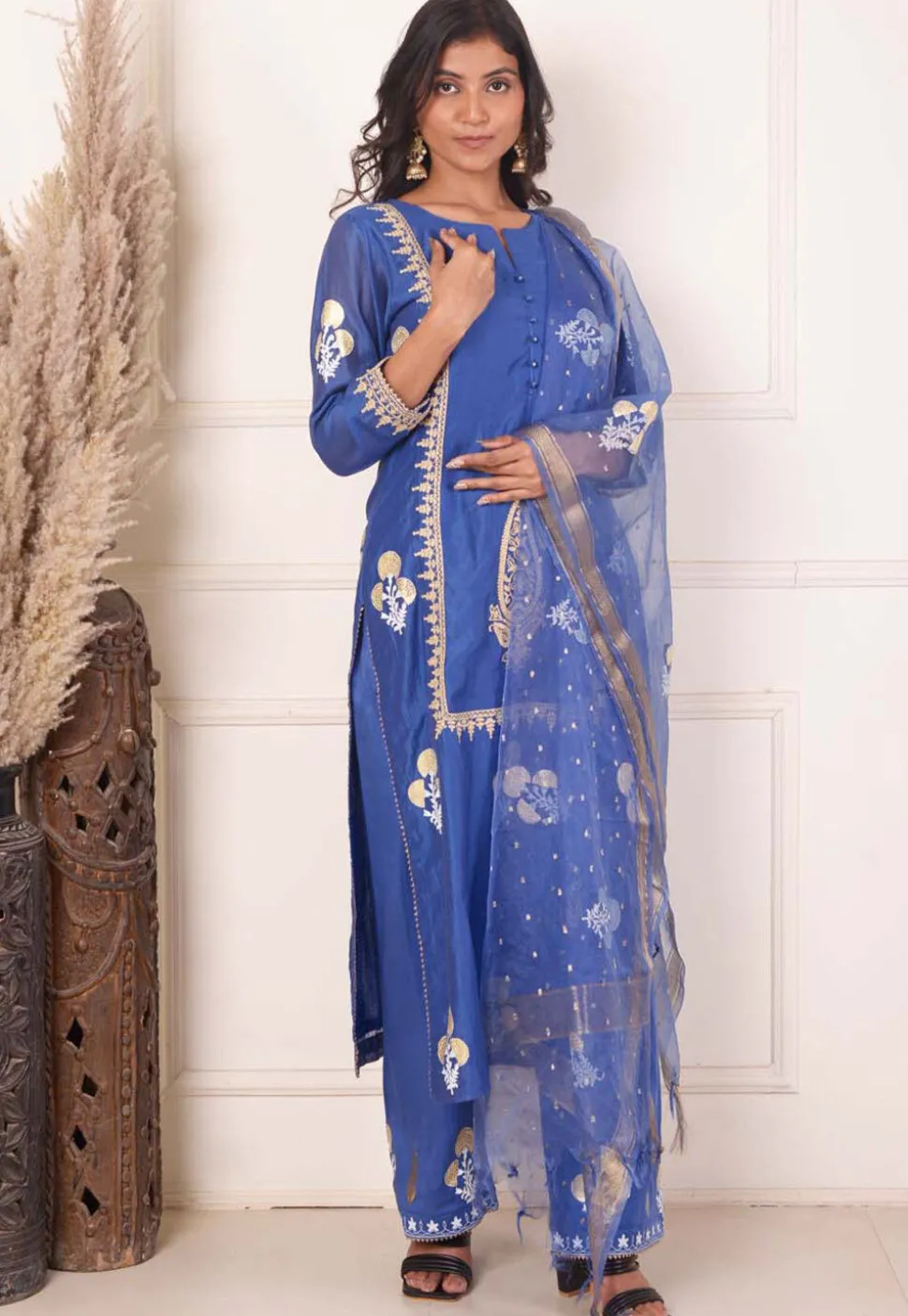 Foil Printed Chanderi Silk Aline Suit in Navy Blue