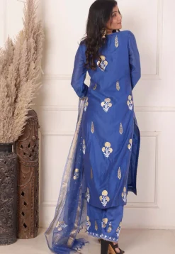 Foil Printed Chanderi Silk Aline Suit in Navy Blue