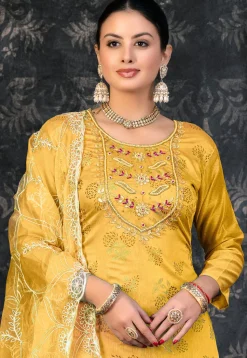 Foil Printed Chanderi Silk Pakistani Suit in Yellow