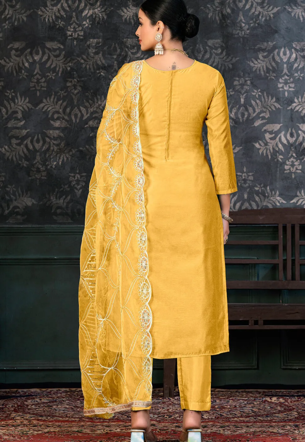 Foil Printed Chanderi Silk Pakistani Suit in Yellow
