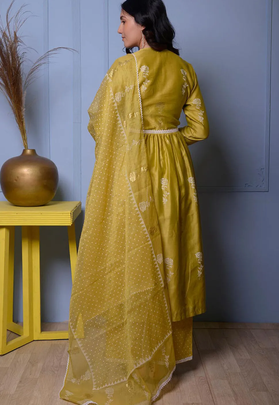 Foil Printed Chanderi Silk Pakistani Suit in Light Green