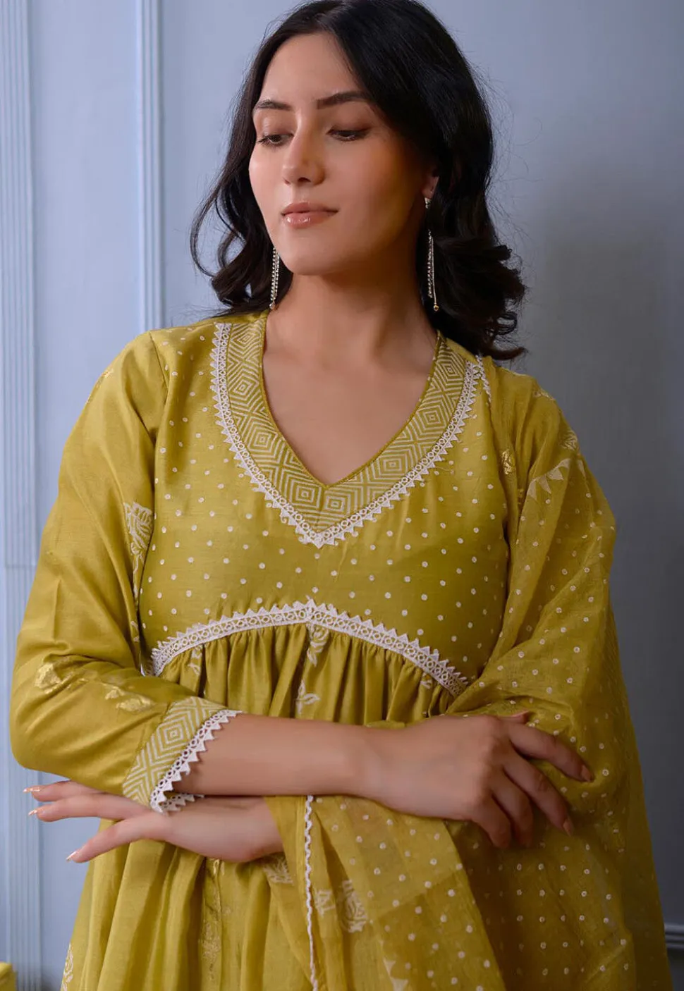 Foil Printed Chanderi Silk Pakistani Suit in Light Green