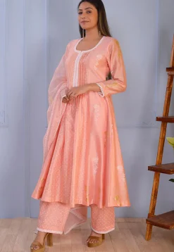 Foil Printed Chanderi Silk Pakistani Suit in Peach