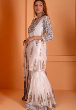 Foil Printed Chanderi Silk Pakistani Suit in Off White