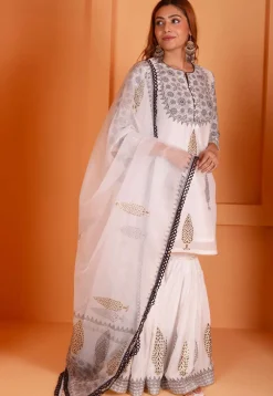 Foil Printed Chanderi Silk Pakistani Suit in Off White