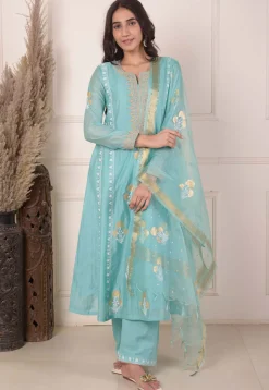 Foil Printed Chanderi Silk Aline Suit in Light Teal Blue