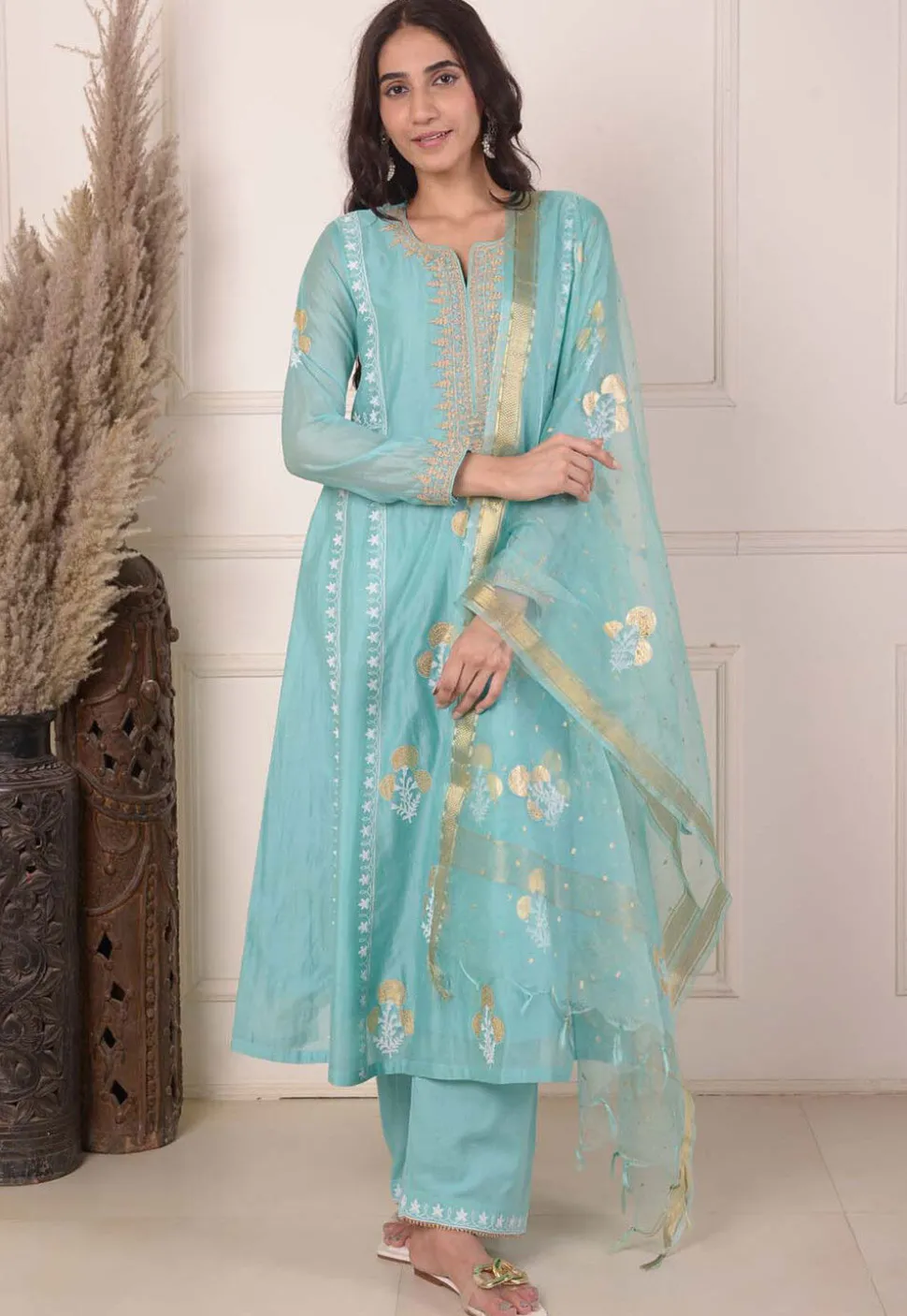 Foil Printed Chanderi Silk Aline Suit in Light Teal Blue