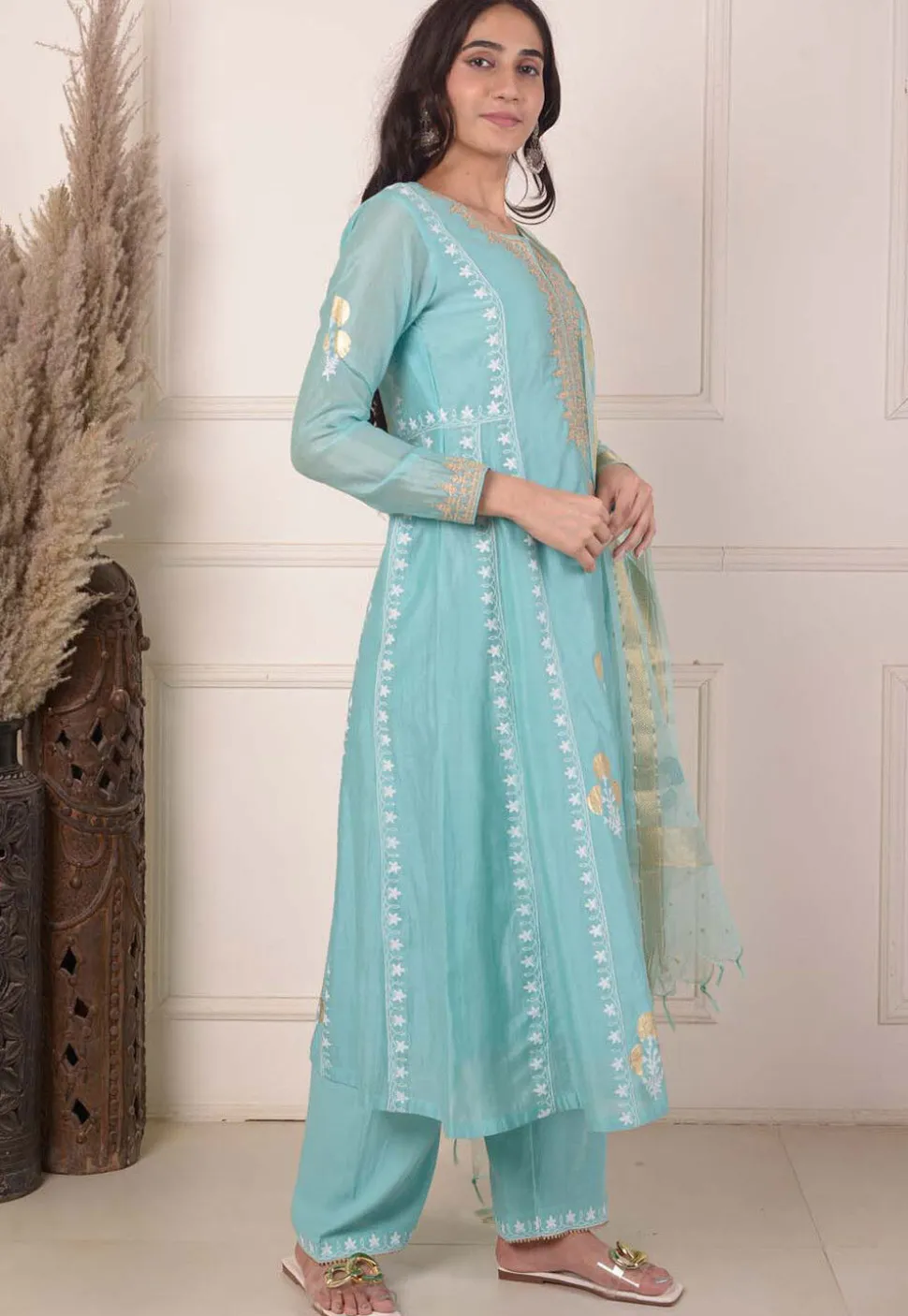 Foil Printed Chanderi Silk Aline Suit in Light Teal Blue
