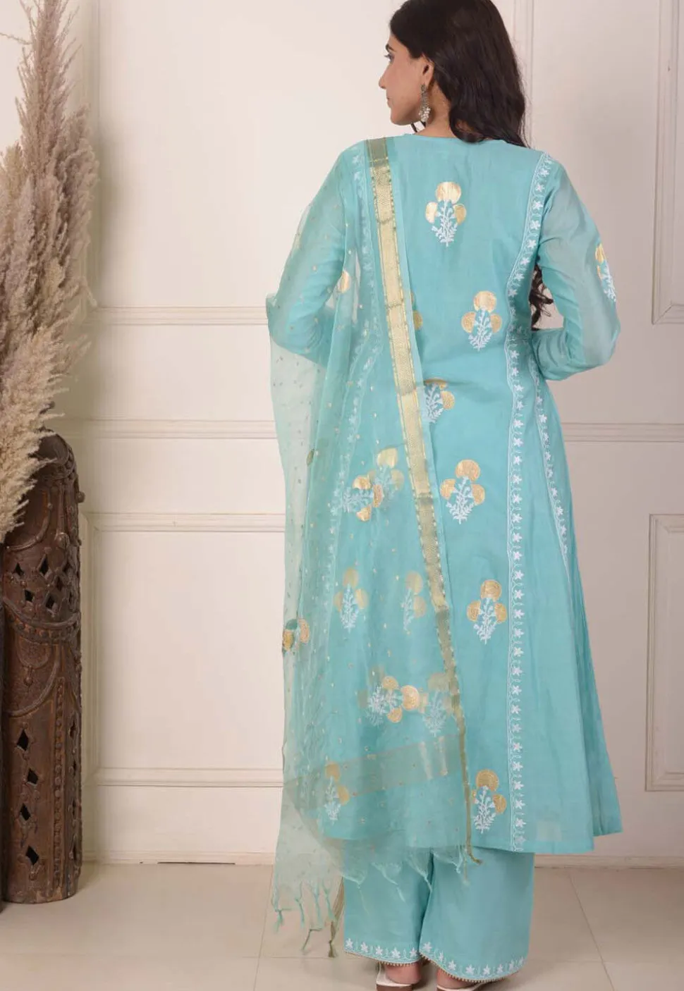 Foil Printed Chanderi Silk Aline Suit in Light Teal Blue