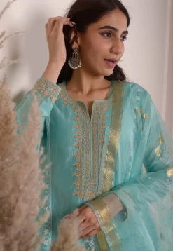 Foil Printed Chanderi Silk Aline Suit in Light Teal Blue