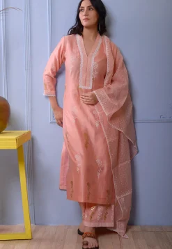 Foil Printed Chanderi Silk Pakistani Suit in Peach