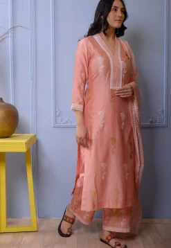Foil Printed Chanderi Silk Pakistani Suit in Peach