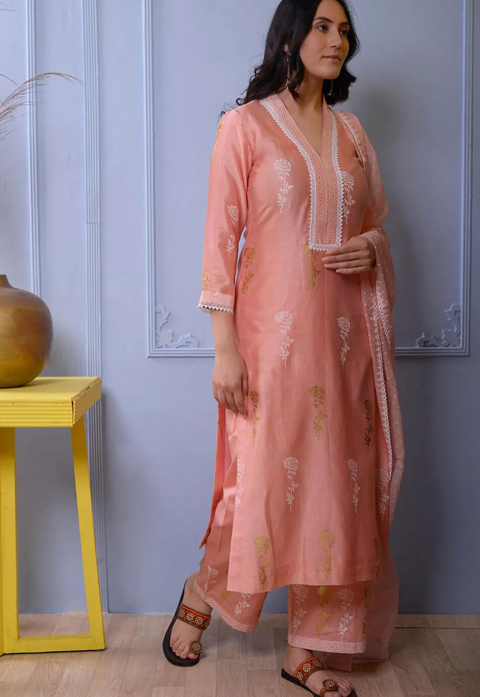 Foil Printed Chanderi Silk Pakistani Suit in Peach