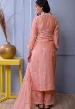 Foil Printed Chanderi Silk Pakistani Suit in Peach