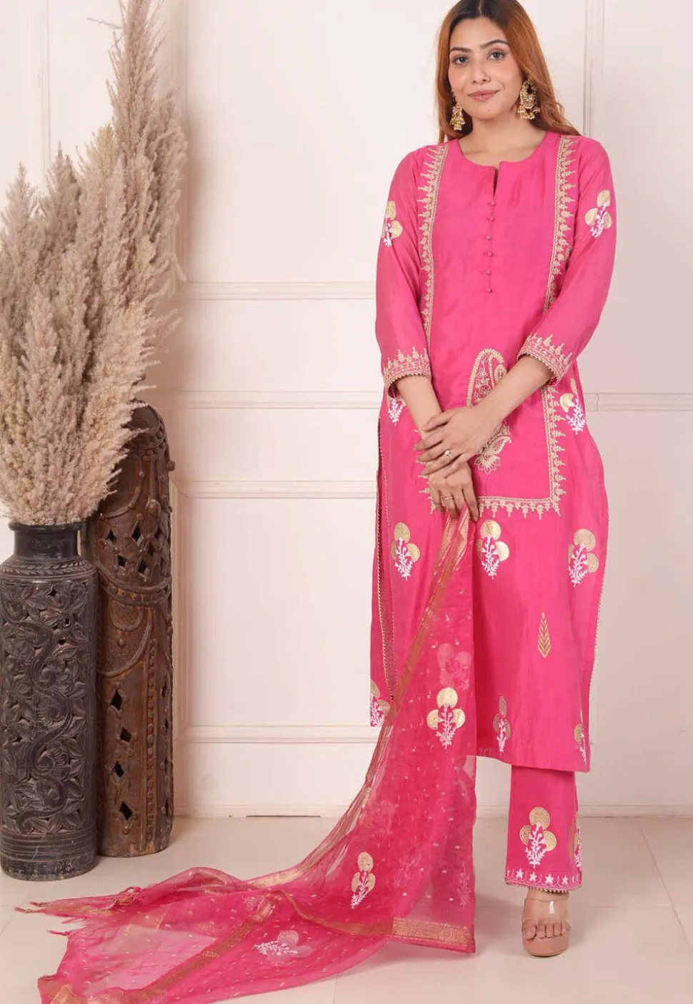 Foil Printed Chanderi Silk Aline Suit in Pink
