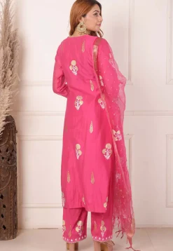 Foil Printed Chanderi Silk Aline Suit in Pink