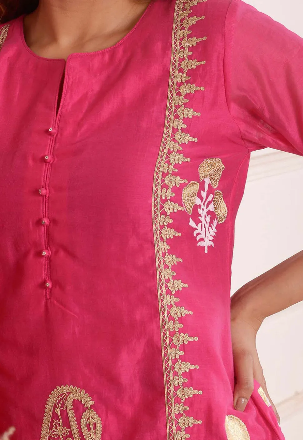 Foil Printed Chanderi Silk Aline Suit in Pink