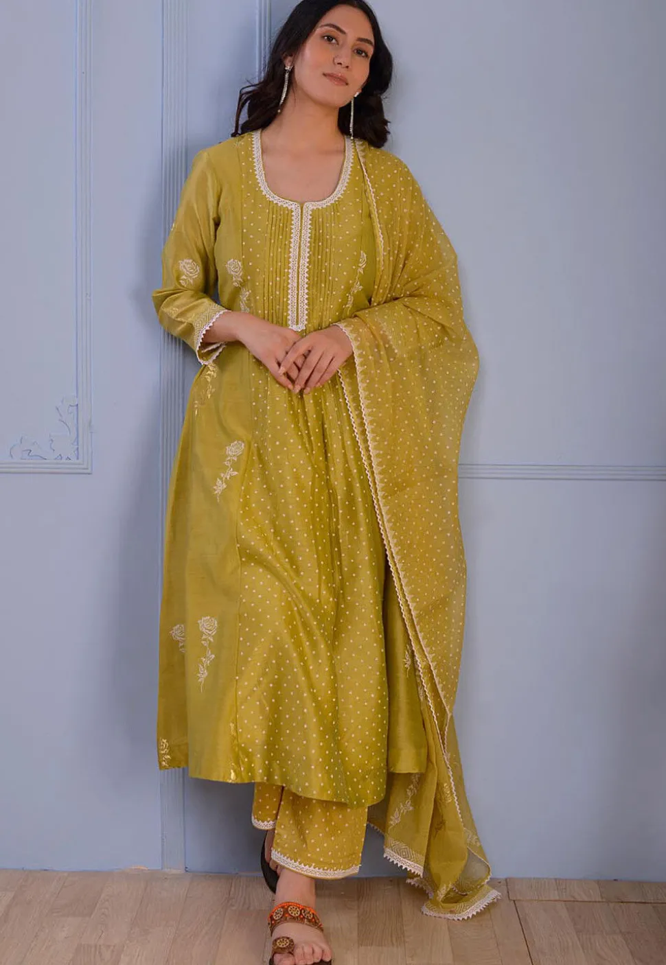 Foil Printed Chanderi Silk Pakistani Suit in Light Green