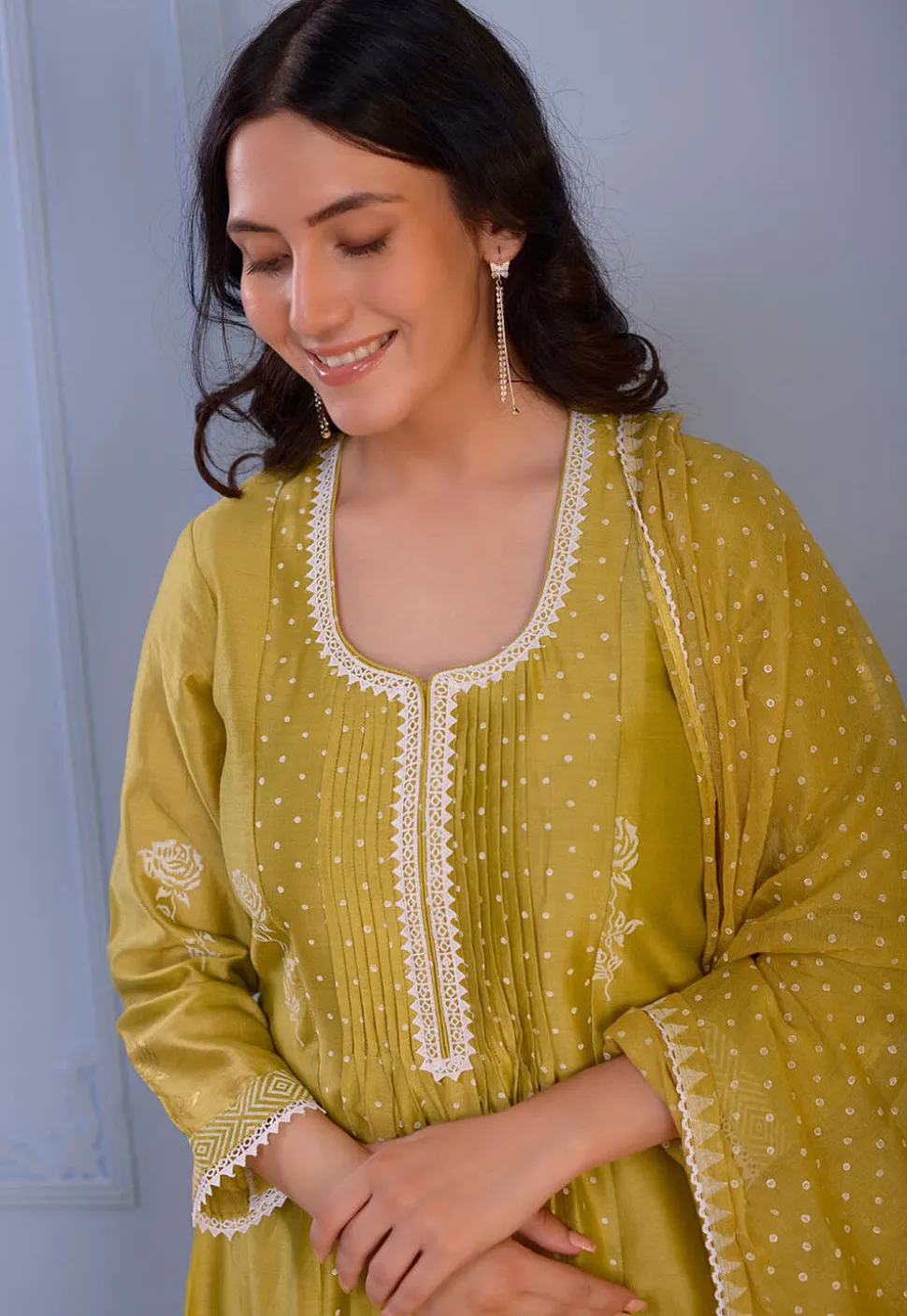 Foil Printed Chanderi Silk Pakistani Suit in Light Green