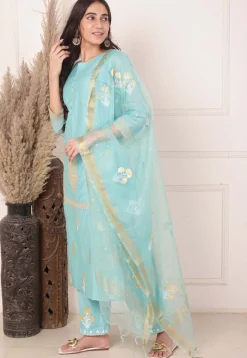 Foil Printed Chanderi Silk Aline Suit in Light Teal Blue