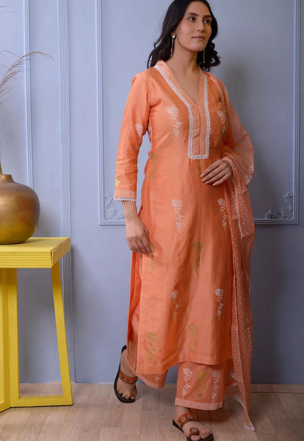 Foil Printed Chanderi Silk Pakistani Suit in Orange