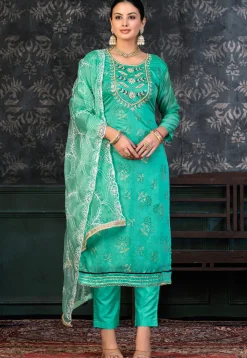 Foil Printed Chanderi Silk Pakistani Suit in Turquoise