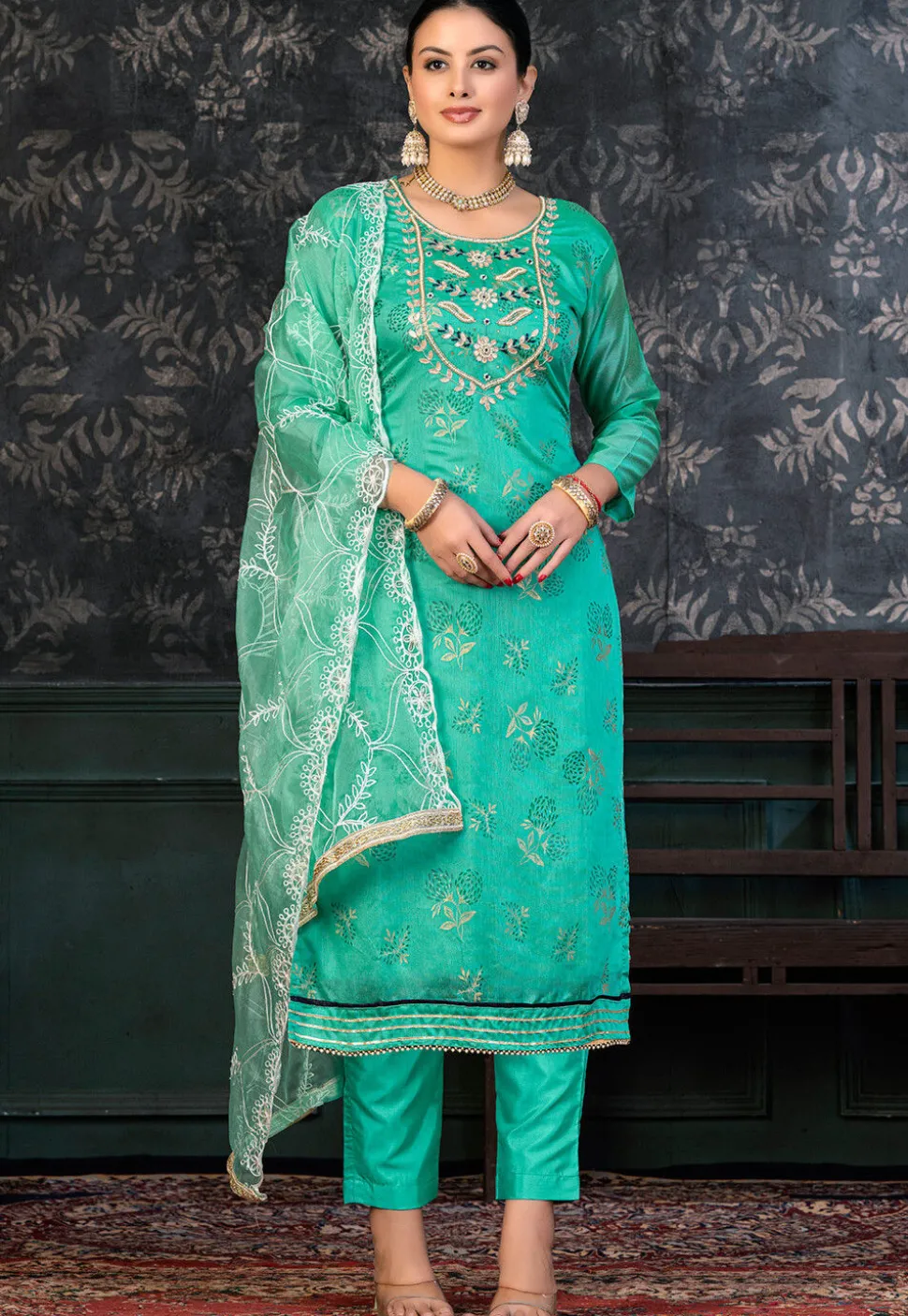 Foil Printed Chanderi Silk Pakistani Suit in Turquoise