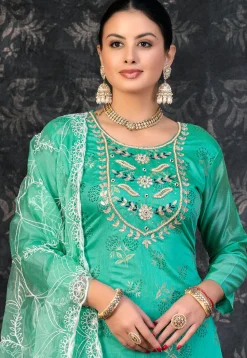 Foil Printed Chanderi Silk Pakistani Suit in Turquoise