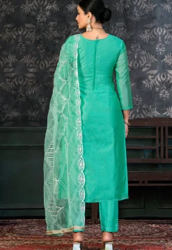 Foil Printed Chanderi Silk Pakistani Suit in Turquoise
