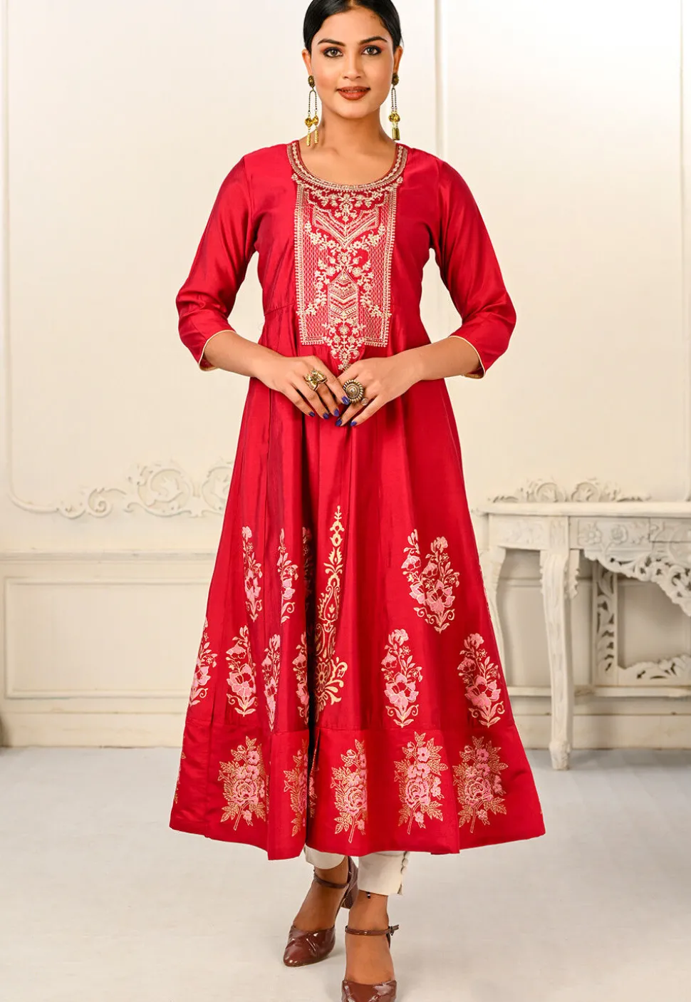 Foil Printed Cotton Anarkali Kurta in Red