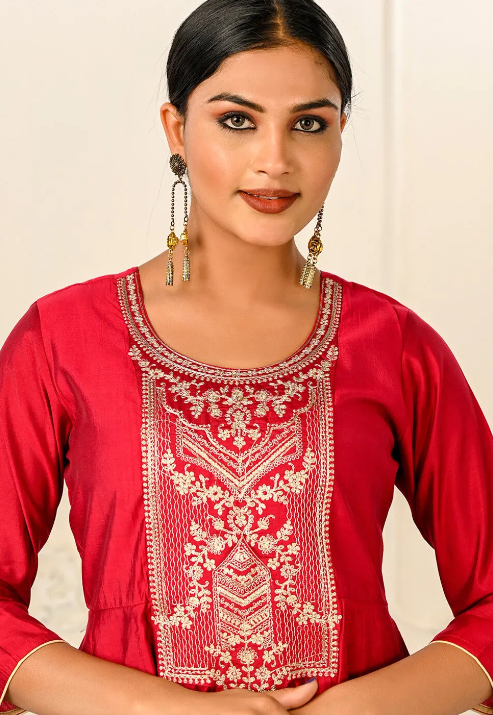 Foil Printed Cotton Anarkali Kurta in Red
