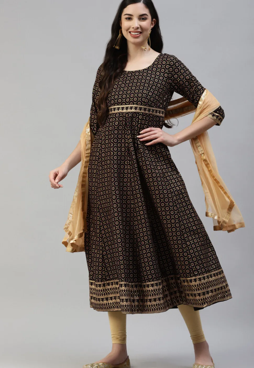 Foil Printed Cotton Anarkali Suit in Black
