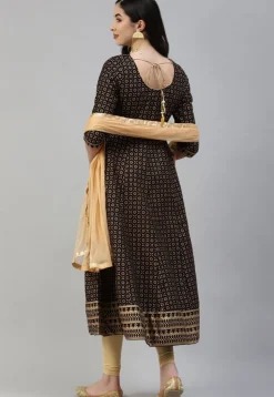 Foil Printed Cotton Anarkali Suit in Black