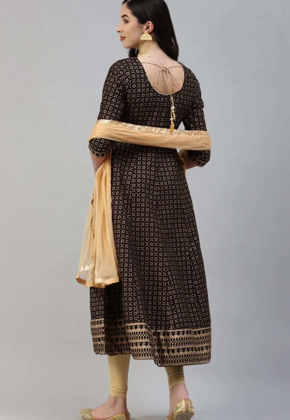 Foil Printed Cotton Anarkali Suit in Black