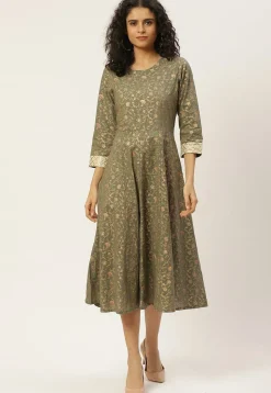 Foil Printed Cotton Anarkali Kurta in Grey