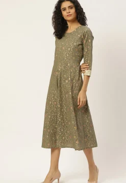 Foil Printed Cotton Anarkali Kurta in Grey