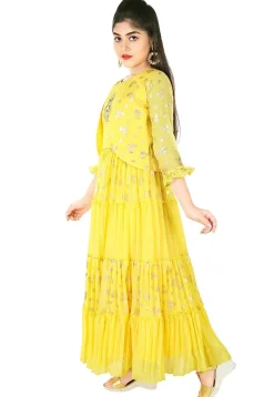 Foil Printed Cotton Gown in Yellow