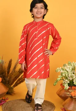 Foil Printed Cotton Kurta Set in Red