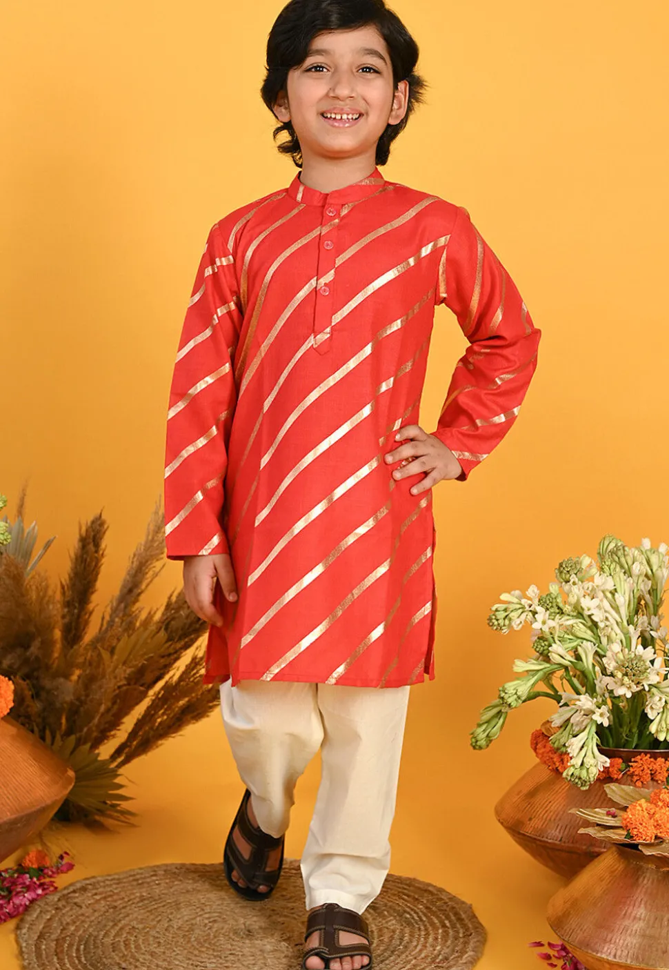 Foil Printed Cotton Kurta Set in Red
