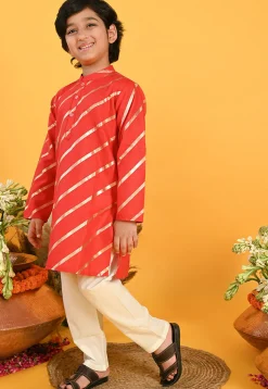 Foil Printed Cotton Kurta Set in Red