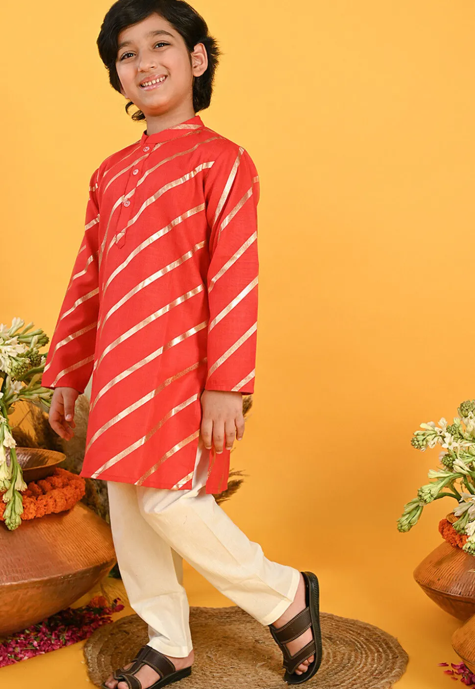 Foil Printed Cotton Kurta Set in Red