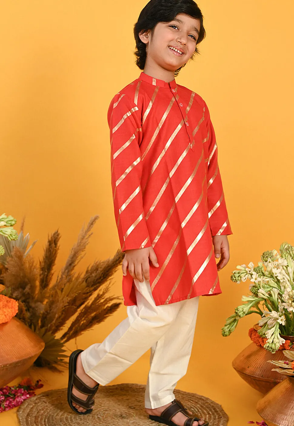 Foil Printed Cotton Kurta Set in Red
