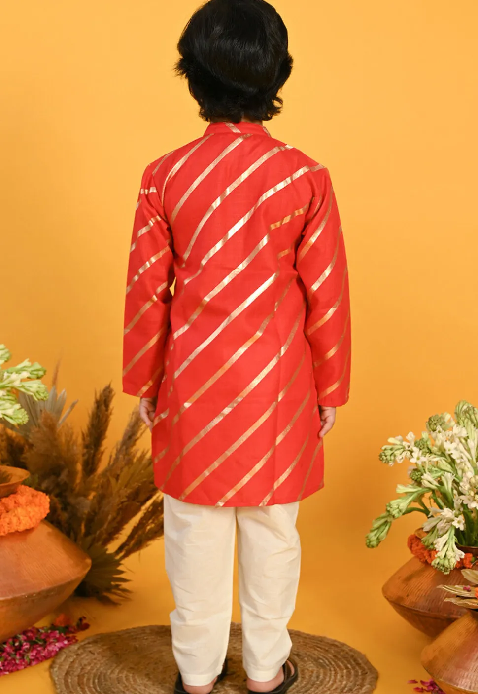 Foil Printed Cotton Kurta Set in Red