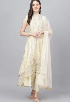 Foil Printed Cotton Layered Pakistani Suit in Cream