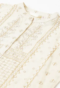 Foil Printed Cotton Layered Pakistani Suit in Cream