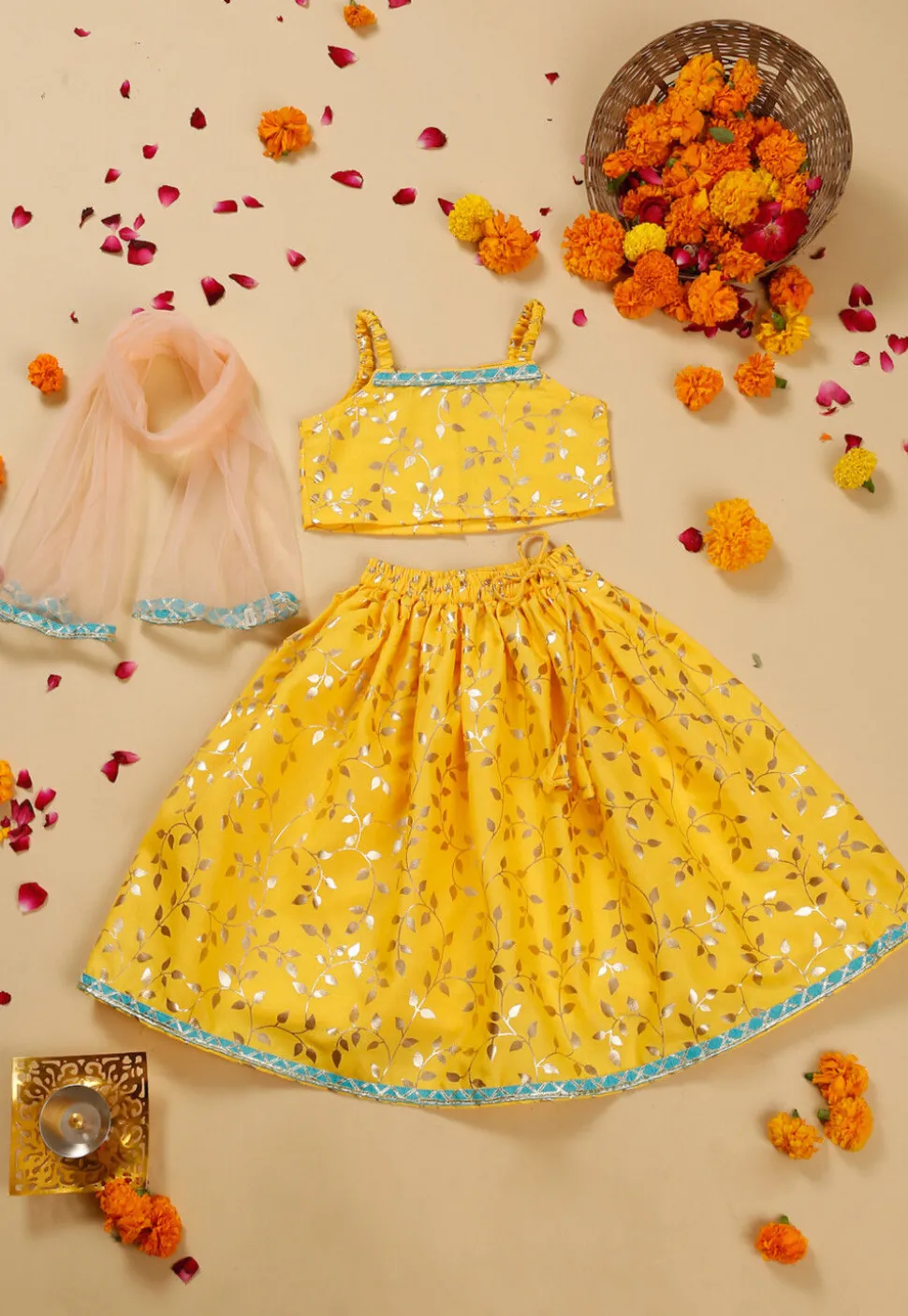 Foil Printed Cotton Lehenga in Yellow