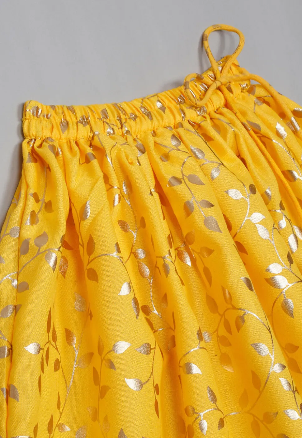Foil Printed Cotton Lehenga in Yellow
